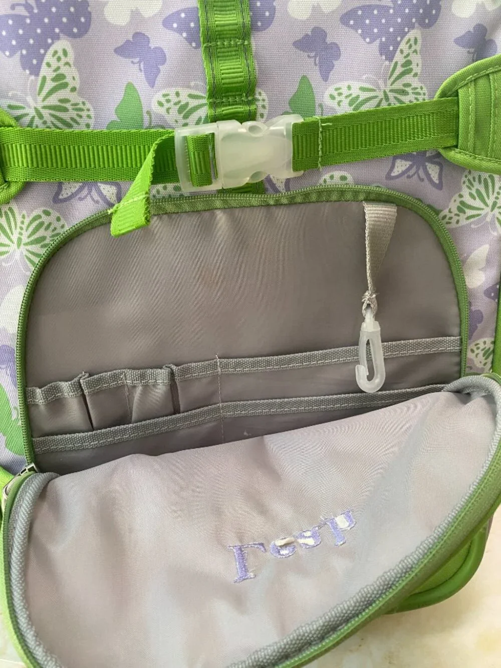 Pottery Barn Kids Butterfly Rolling Suitcase Purple Green Embroidered